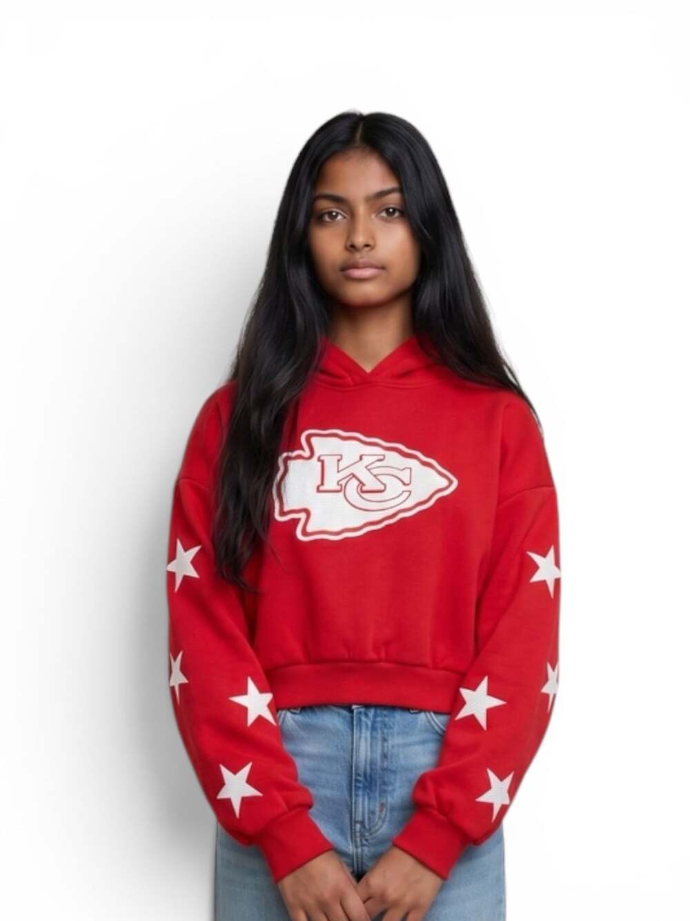 The Wild Collective Kansas City Chiefs Cropped Hoodie Large Red Rhinestone Stars